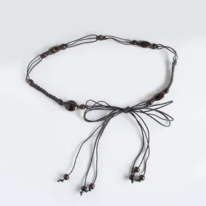 Bohemian braided waist belt for women, casual rope belt with wooden beads and bowknot.
