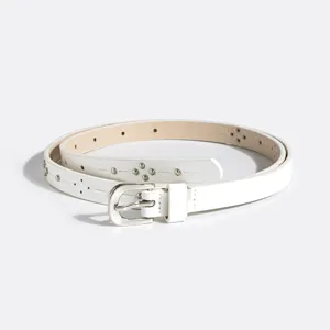 Women white thin faux leather belt casual studded waist belt minimalist fashion accessory