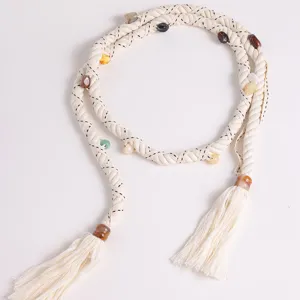 Bohemian woven waist rope with tassels and colorful beads, stylish cotton belt for women.