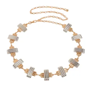Fashion metal waist chain for women, elegant retro gold and silver tone dress belt.