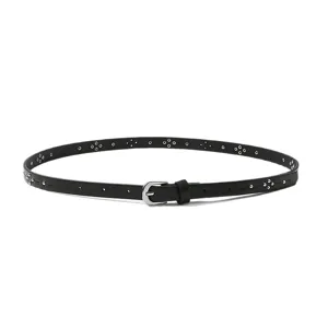 Women thin black studded belt with silver buckle casual faux leather waist belt chic