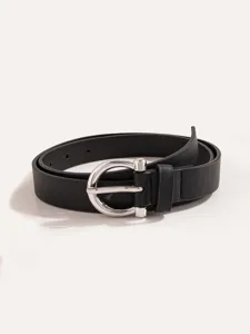 Black PU leather belt for women with silver horseshoe buckle, stylish detailed design accessory