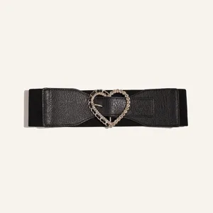 Detalles del elegante cinturón ancho elástico negro para mujer con hebilla de corazón con estrás.