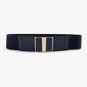 Detailed close-up view of the wide elastic belt featuring stylish gold-toned double buckles.
