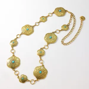 Bohemian vintage metalen taille ketting met turkoois stenen en bloem medaillons voor dames.