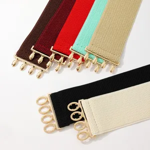 Women's elastic wide belt detail showing various colors and stylish metal buckle design.