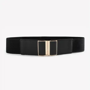 Women elastic waist belt black wide stretch cinch belt with gold metal interlock clasp