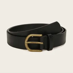 Close-up of the black PU leather women belt with antique brass pin buckle detail for daily wear