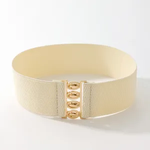 Women's wide elastic stretch belt with chic gold metal buckle for dresses and casual daily wear.