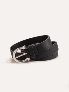 Classic black PU leather women belt with stylish silver horseshoe buckle, versatile detail view.