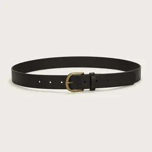 Close-up detail of the casual black PU leather women belt with antique brass metal buckle.