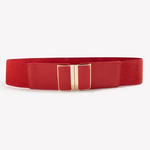 Women's wide elastic red belt with gold metal interlock buckle for dresses and fashion.