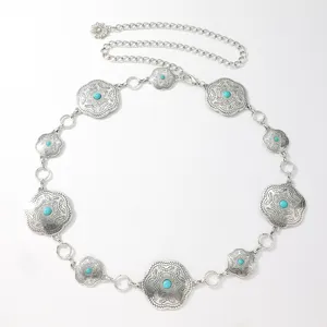 Dames Bohemien Turkoois Bloem Metaal Taille Ketting Westerse Vintage Lichaam Sieraad Mooi