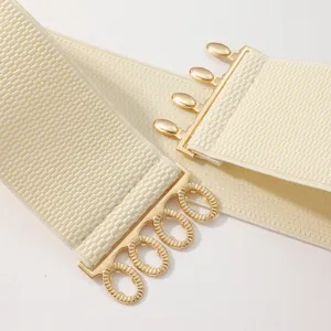 Detail view of women wide elastic belt in beige with gold metal clasp hook-and-eye buckle.