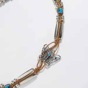 Bohemian butterfly silver bead braided waist rope detail, ethnic handmade belt design.