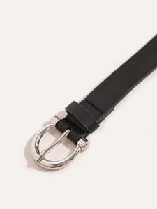 Black PU leather women belt with silver horseshoe buckle, smooth detail daily wear casual accessory.