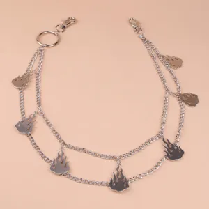 Silver metal double layer pants chain featuring cool flame charms for hip hop street style.
