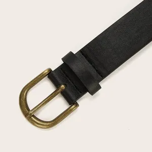 Classic women's black PU leather belt with vintage antique brass buckle close up detail view