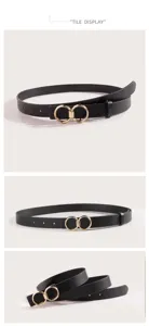 Dames zwarte PU lederen riem detailweergave, elegante metalen gesp met dubbele ringen stijl.