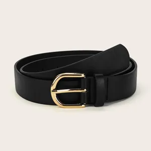 Detailed view of women's black PU leather belt featuring a sleek gold-tone pin buckle.
