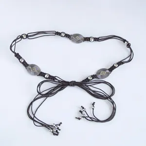 Boho handmade braided waist belt with metal charms and beads, casual holiday accessory.