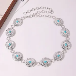 Chaîne de taille en métal turquoise bohème pour femmes, superbe ceinture argentée gravée.
