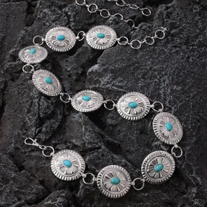 Chaine de taille turquoise boheme, design en metal sculpte detaille pour les femmes.