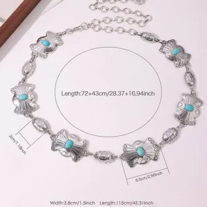 Détail de chaîne de taille turquoise argentée bohème, design métallique sculpté.