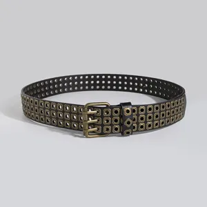 Women Punk Faux Leather Belt Vintage Three Row Square Metal Eyelets Pin Buckle Casual Streetwear Fashion Waist Belt