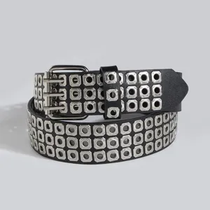Black punk style women belt with double prong buckle and square metal eyelets detail.