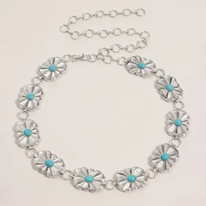 Chaîne de Taille en Métal Sculpté Vintage Bohémien Chaîne de Ventre Réglable en Pierre Turquoise Accessoires de Bijoux de Robe pour Femmes