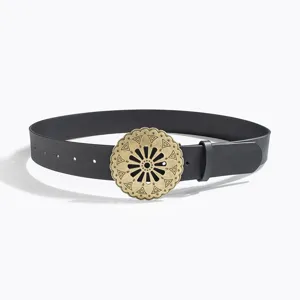Retro western style women belt featuring a black leather strap and vintage brass round buckle.