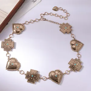 Catena da vita vintage in metallo con cuore turchese e catena corpo regolabile donna.