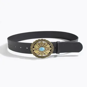Vintage western style black leather belt with carved floral buckle and turquoise stone.