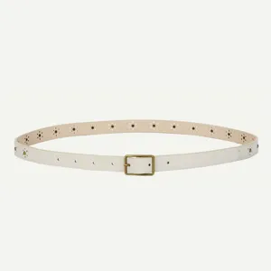 Detailed view of a stylish womens white leather belt featuring antique brass buckle and rivet details.