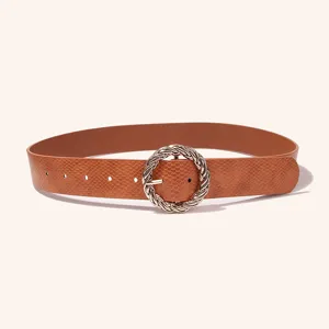 Brown snake pattern PU leather women belt featuring a metallic twist round buckle.