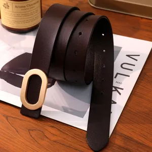 Elegant dark brown leather belt for women with a chic gold oval buckle, perfect for OL style.
