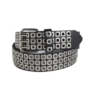Punk style black leather belt with multi-row square metal eyelets and triple-prong buckle main view