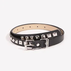 Detail shot of black leather belt featuring silver square metal studs and modern buckle design.