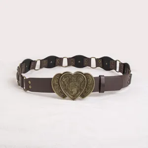Western style brown leather belt for women with retro engraved double heart metal buckle and rings.