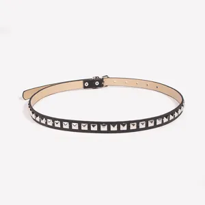 Black leather thin belt featuring silver square pyramid studs, stylish casual accessory detail.