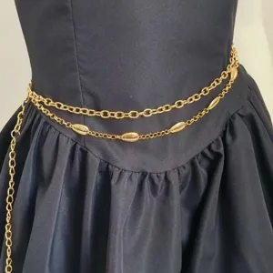 Bohemian gold double-layer metal waist chain with shell leaf charms for women delicate belt
