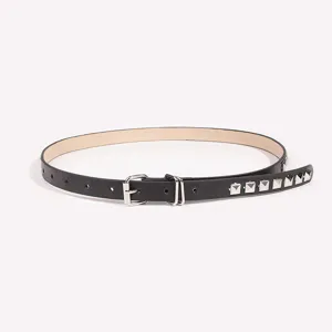 Stylish women's black leather thin belt featuring silver square metal studs and double pin buckle.