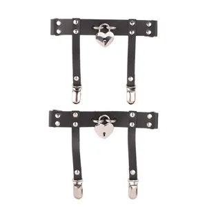 Adjustable black PU leather leg garter harness with heart lock and metal sock clips for women.
