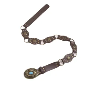 Vintage Western style women leather belt with turquoise stone metal buckle and concho rings