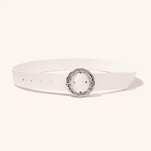 White PU leather women belt with textured snakeskin design and shiny silver twisted round buckle.
