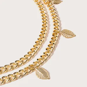 Double layer gold metal chain belt with exquisite leaf pendants bohemian waist jewelry