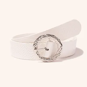 White snake print PU leather women belt with silver braided round metal buckle fashion accessory variant