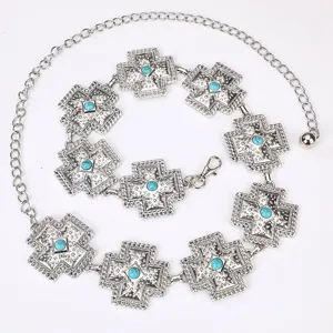 Retro Zilver Metaal Tailleketting Boheems Kruis Turquoise Lichaamsketting Verstelbare Buikketting Modieuze Sieraden Voor Dames