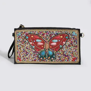 Bohemian beaded butterfly clutch bag stylish PU leather shoulder purse for women detail view.